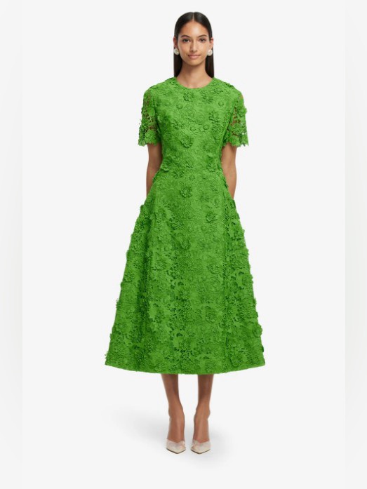 Leo Lin Caroline Green Lace Floral Applique Short Sleeve Midi Dress Au8/Us4 Nwot